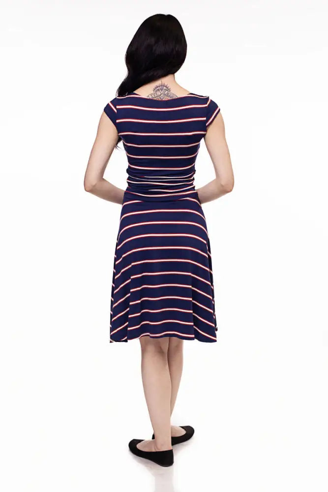 Amelia navy and pink striped 1950s style midi dress with fitted bodice ruched waistband and flared skirt