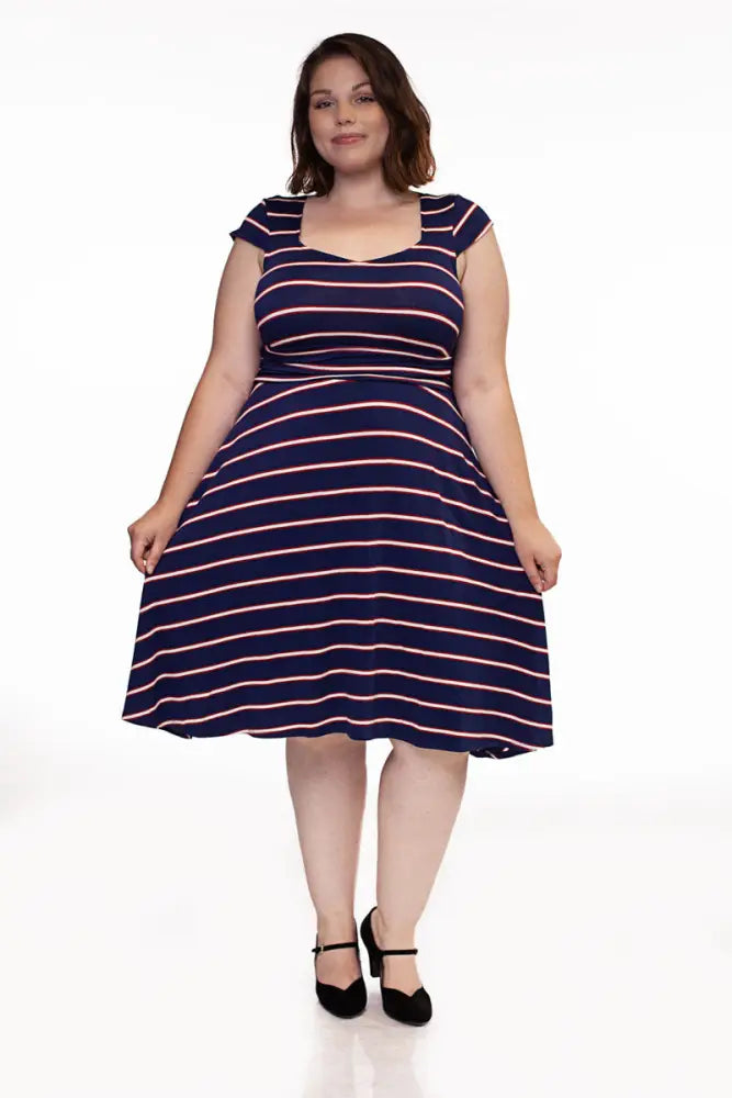 Amelia navy and pink striped 1950s style midi dress with square neckline cap sleeves and flared skirt in plus size