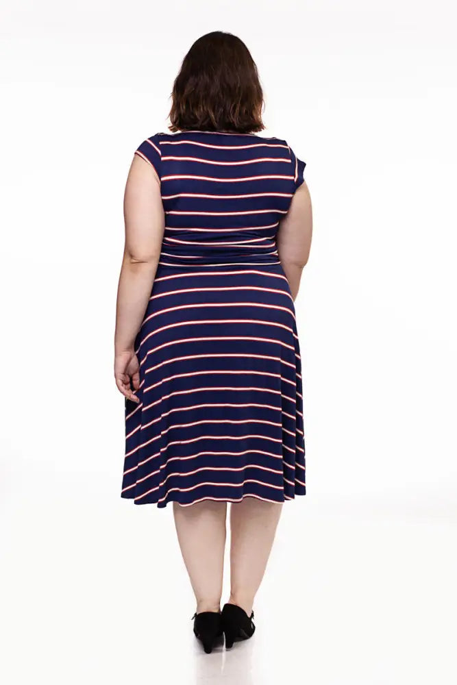 Navy blue and pink striped sleeveless midi dress with fitted waistband in 1950s style for elegant occasions