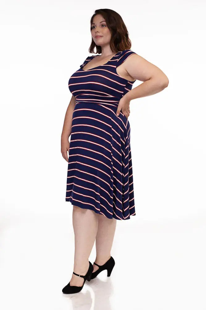 Amelia navy and pink striped 1950s style midi dress with flattering wrap design in sleeveless cotton fabric
