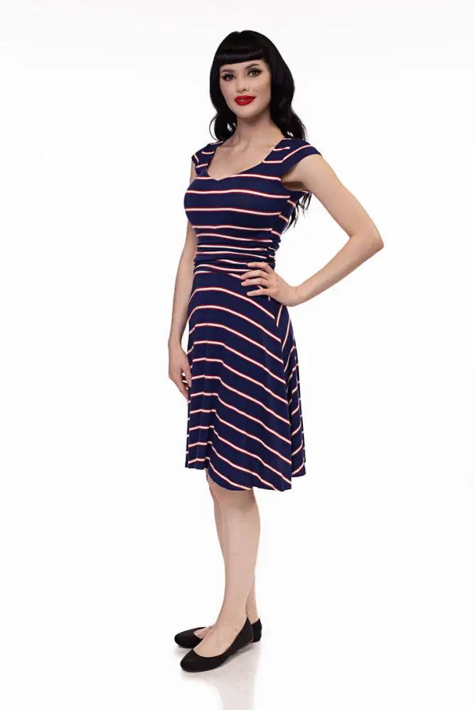 Amelia navy and pink striped sleeveless 1950s style midi dress with fitted waistband in cotton fabric