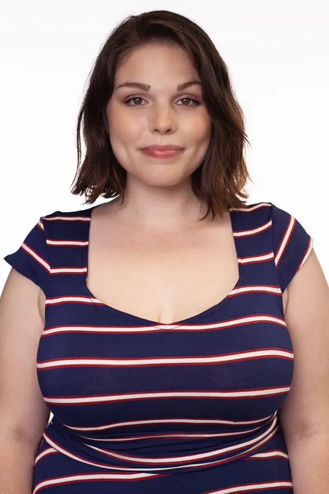 Amelia navy and pink striped 1950s style midi dress with navy blue red and white horizontal stripes and square neckline