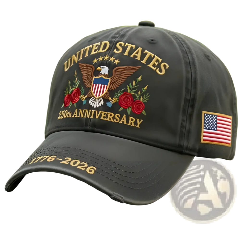 Black distressed denim baseball cap with embroidered united states 250th anniversary eagle roses stars design and flag patch
