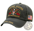 Black distressed denim baseball cap with embroidered united states 250th anniversary eagle roses stars design and flag patch