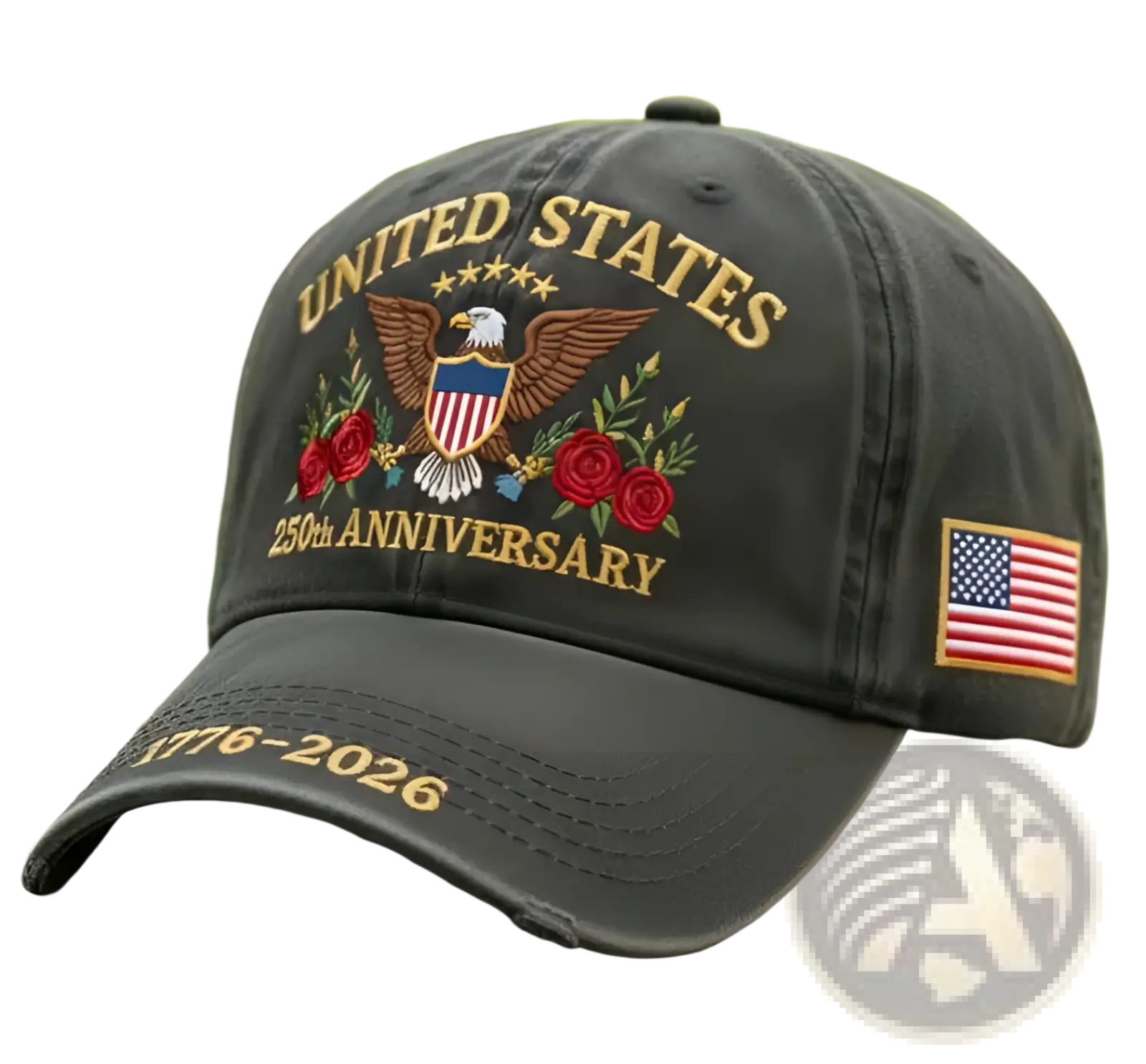 Black distressed denim baseball cap with embroidered united states 250th anniversary eagle roses stars design and flag patch