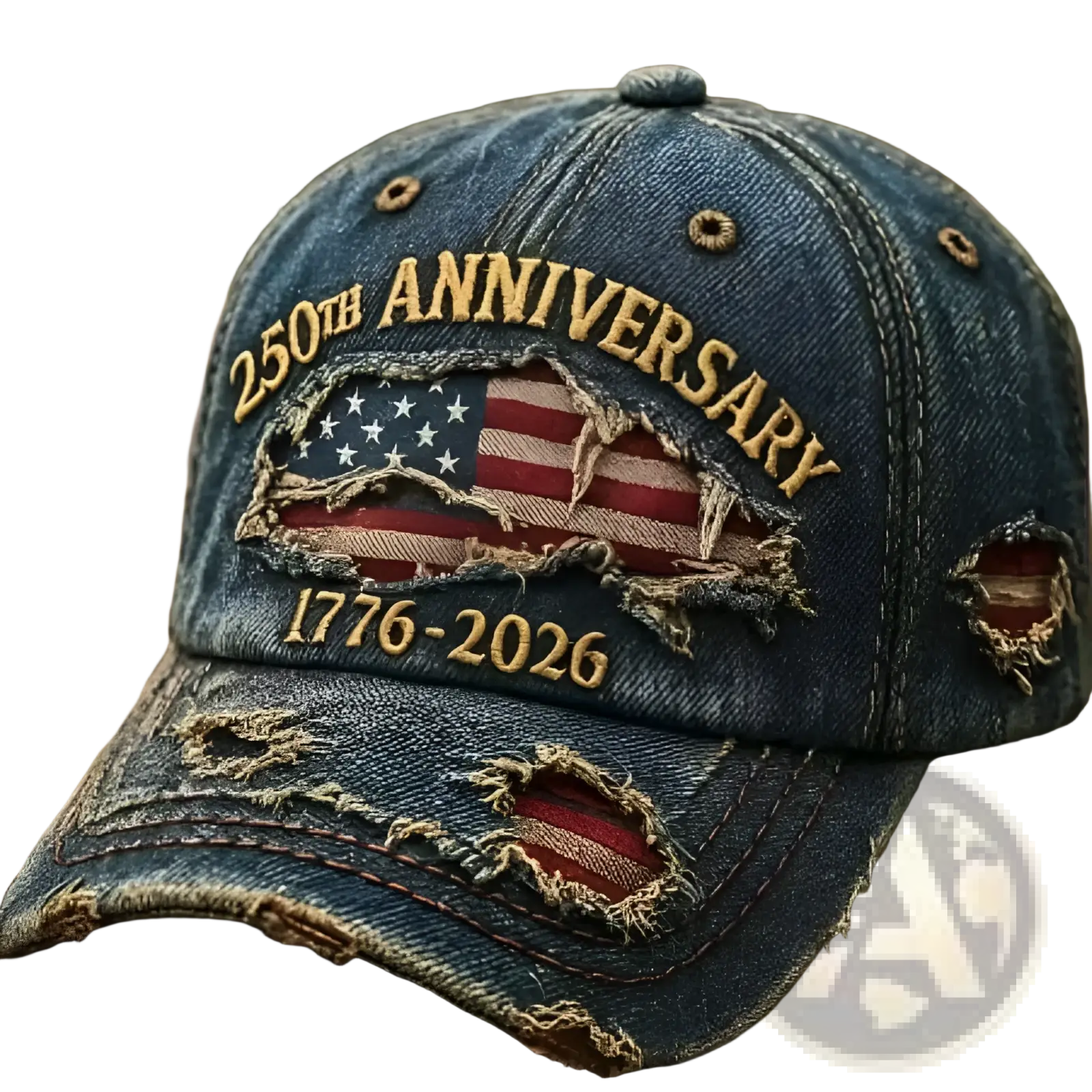 A distressed denim baseball cap with a torn American flag patch and gold embroidered 250th anniversary text