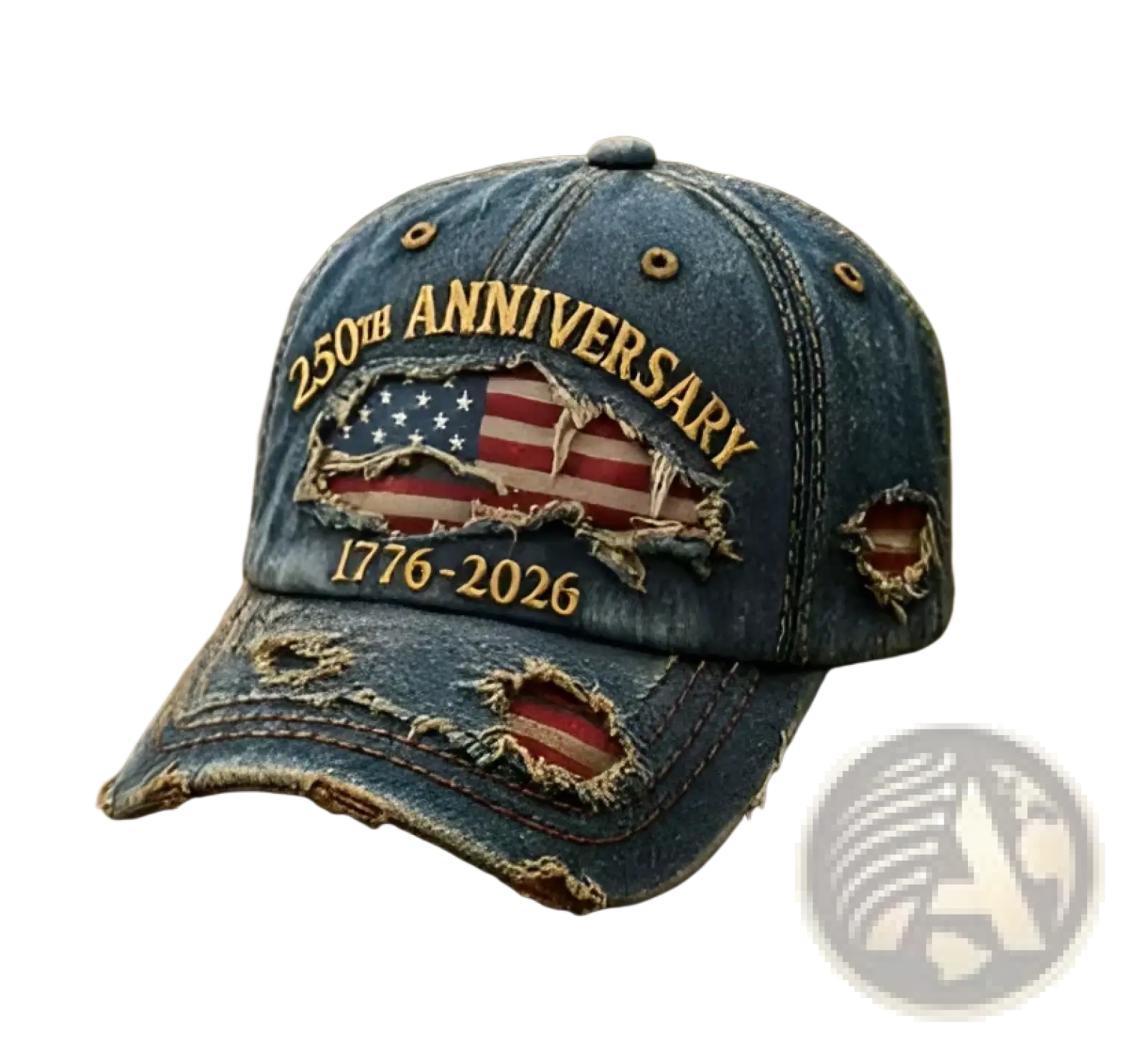 Distressed blue denim baseball cap with torn american flag patch and embroidered 250th anniversary 1776-2026 text