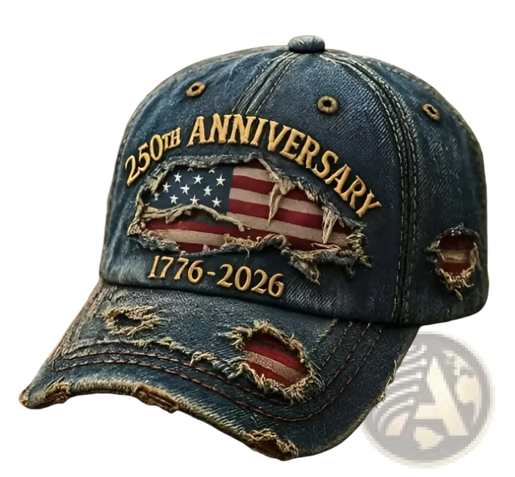 A distressed blue denim baseball cap with a torn American flag patch and embroidered 250th anniversary 1776-2026 text
