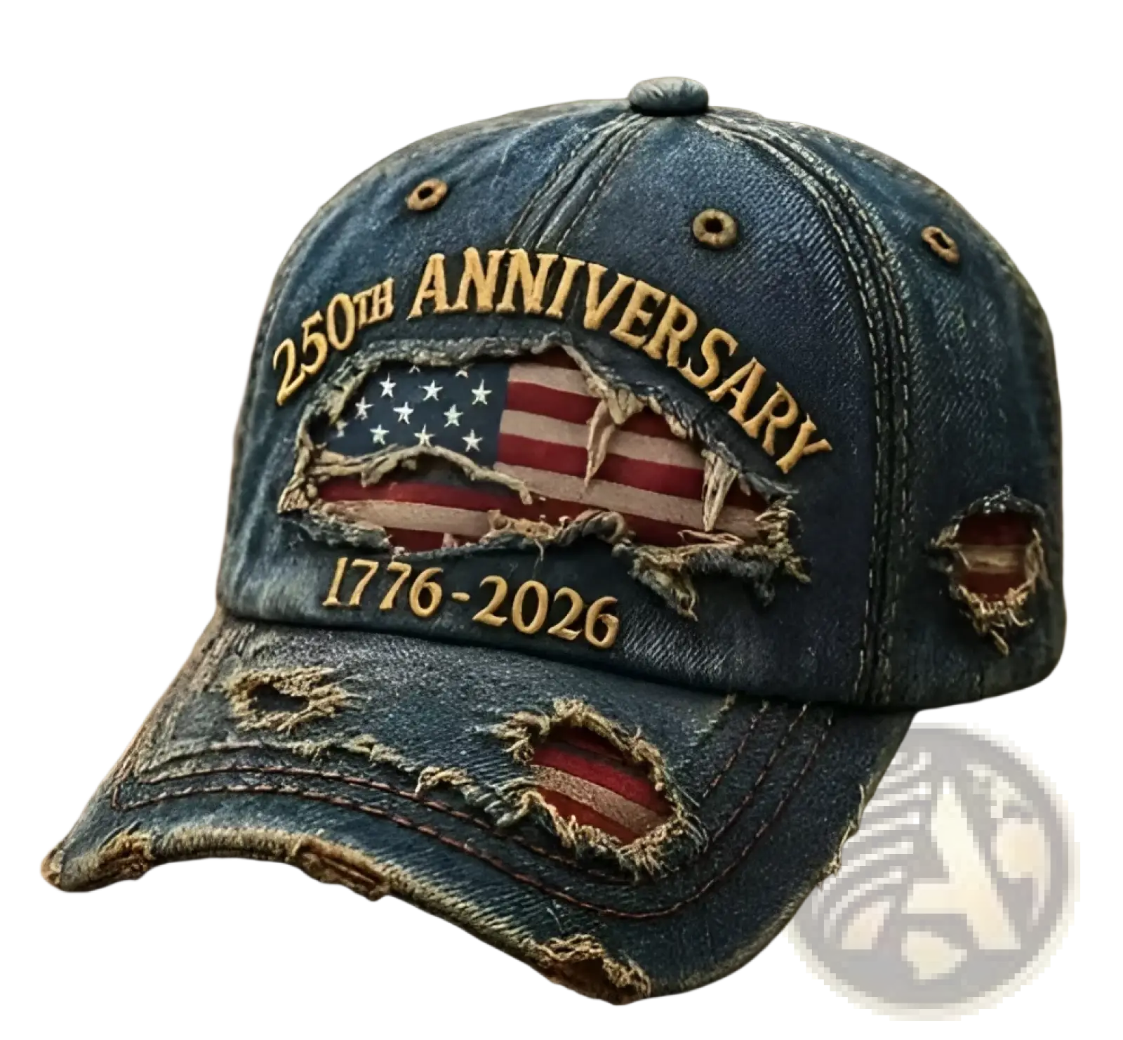 A distressed blue denim baseball cap with a torn American flag patch and embroidered 250th anniversary 1776-2026 text
