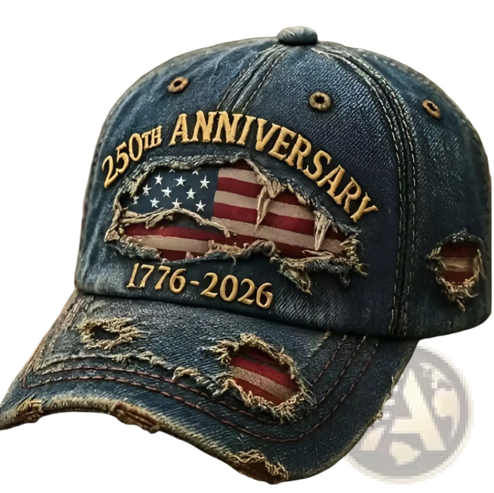 Distressed blue denim baseball cap featuring a torn American flag patch with 250th anniversary 1776-2026 embroidery