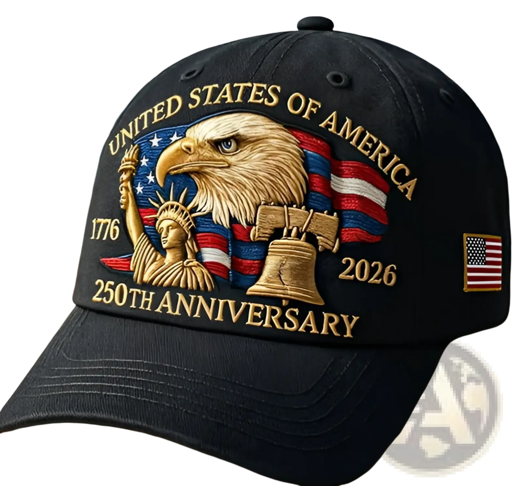 Black america 250th anniversary eagle baseball cap with embroidered gold red eagle statue of liberty and bell design