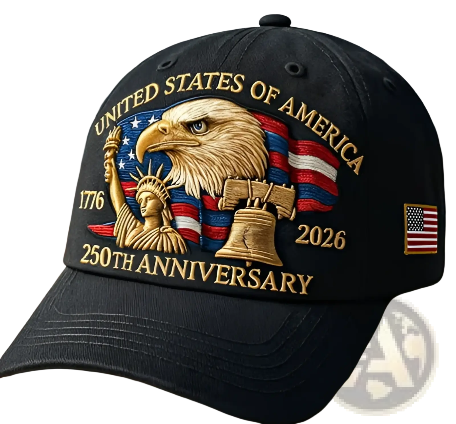 Black america 250th anniversary eagle baseball cap with embroidered gold red eagle statue of liberty and bell design
