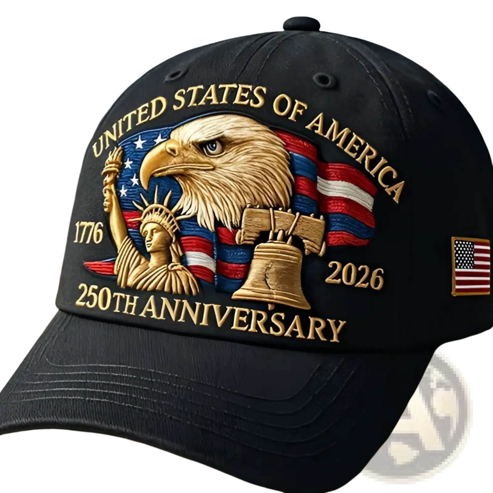 Black America 250th anniversary eagle baseball cap with gold and red embroidered eagle statue of liberty and bell design