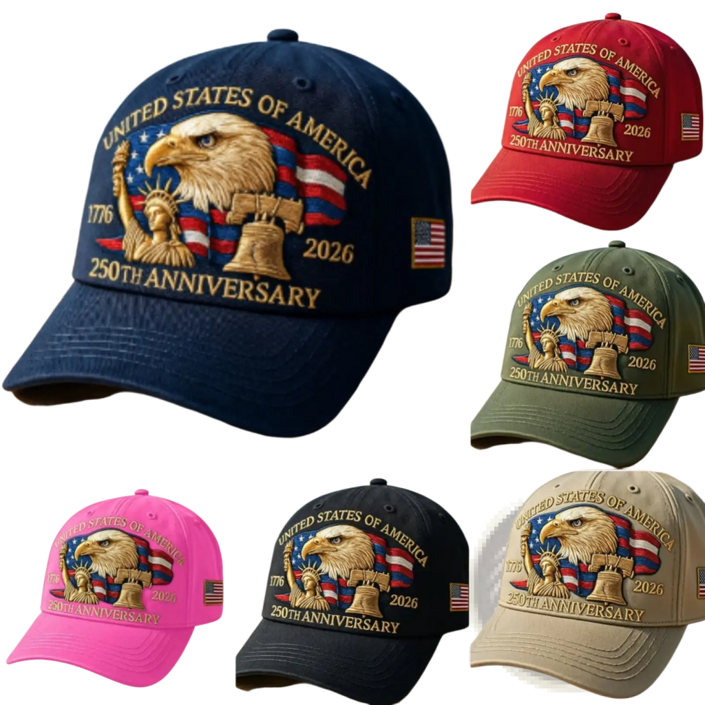 Navy blue America 250th Anniversary Eagle baseball cap with embroidered eagle statue of liberty and bell design