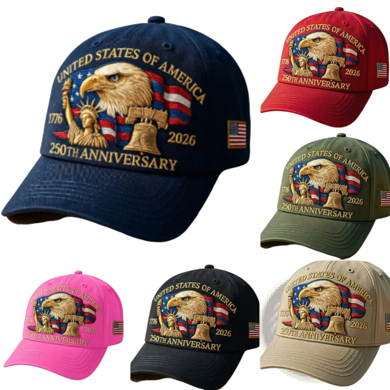Navy blue America 250th Anniversary Eagle baseball cap with embroidered eagle statue of liberty and bell design