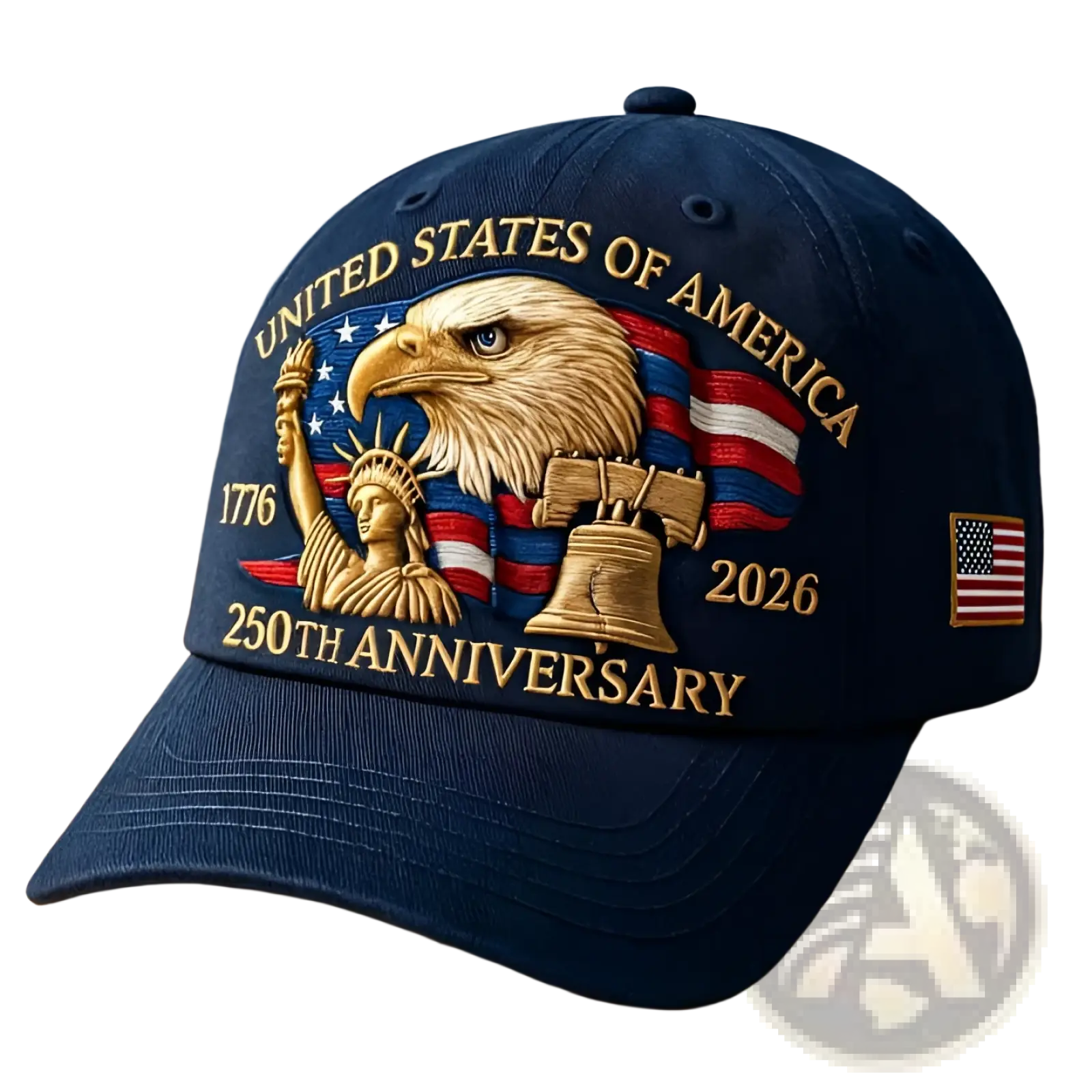 Navy blue America 250th anniversary eagle baseball cap with embroidered gold and red eagle liberty bell on flag backdrop