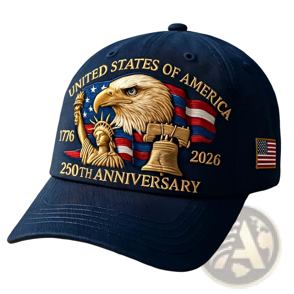Navy blue America 250th anniversary eagle baseball cap with embroidered gold and red eagle liberty bell on flag backdrop