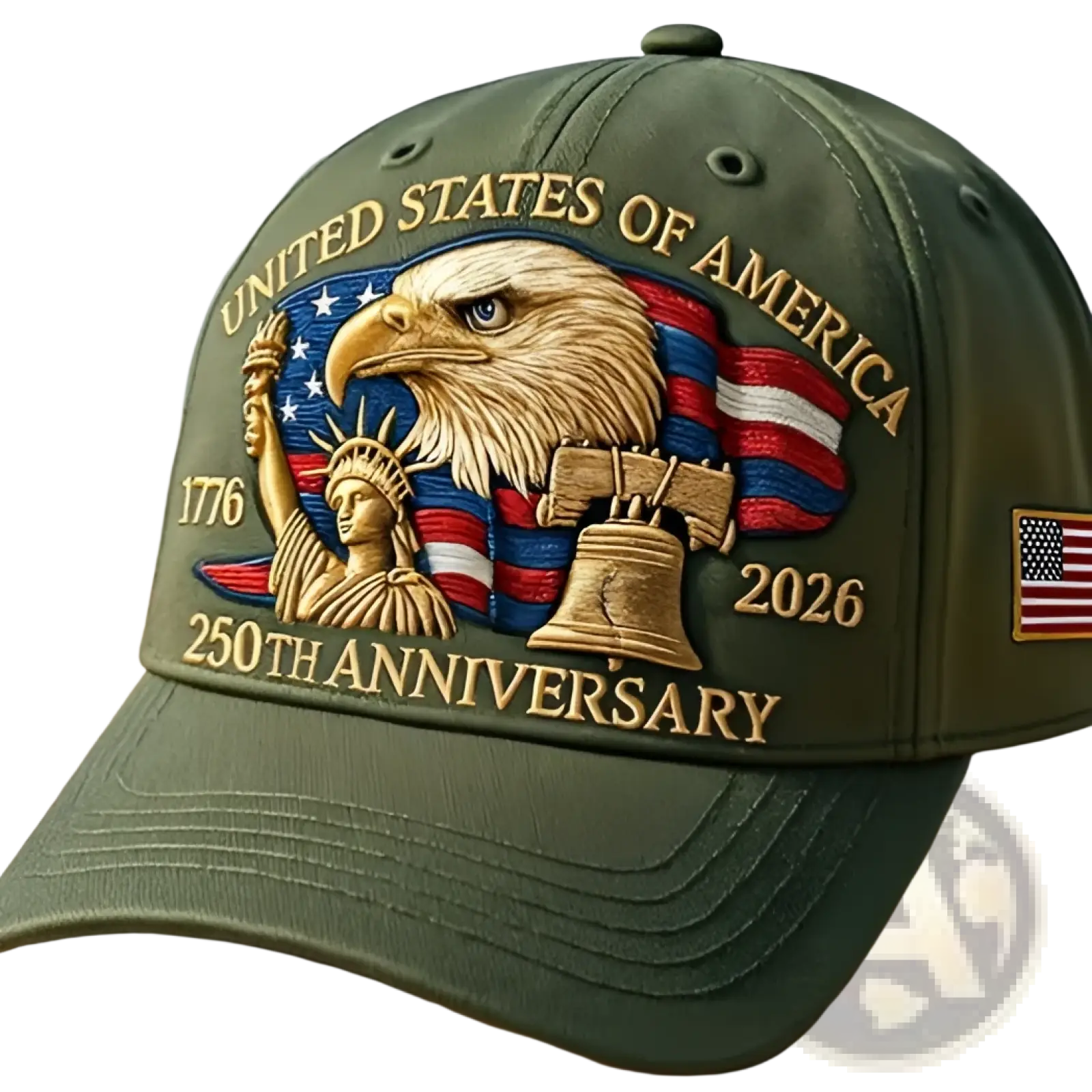 Olive green America 250th anniversary eagle baseball cap with embroidered patriotic eagle statue of liberty and bell design
