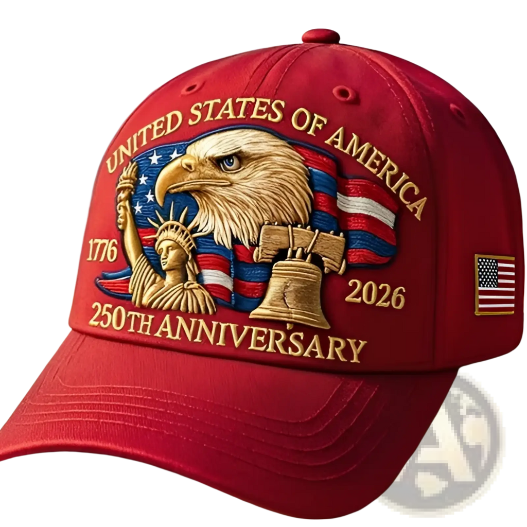 Red America 250th anniversary baseball cap with gold embroidered eagle statue of liberty and bell design on red fabric