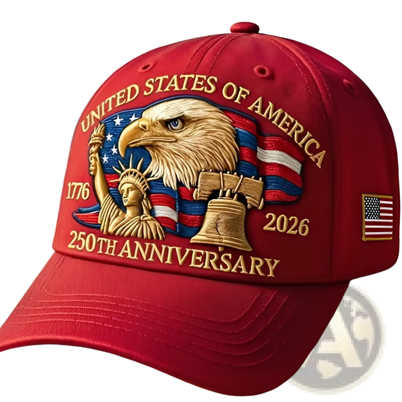 Red America 250th anniversary baseball cap with gold embroidered eagle statue of liberty and bell design on red fabric