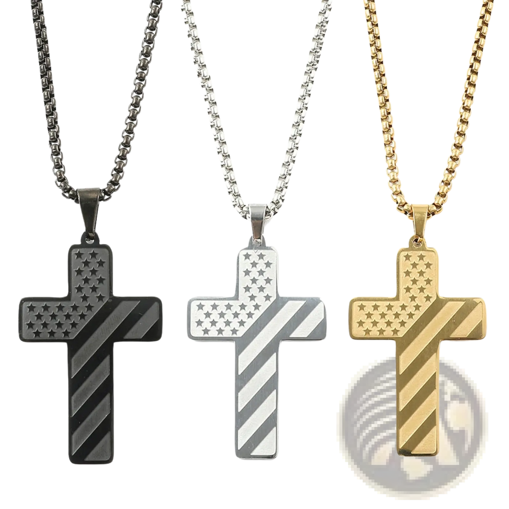 Three stainless steel cross pendant necklaces featuring american flag design in black silver and gold finishes