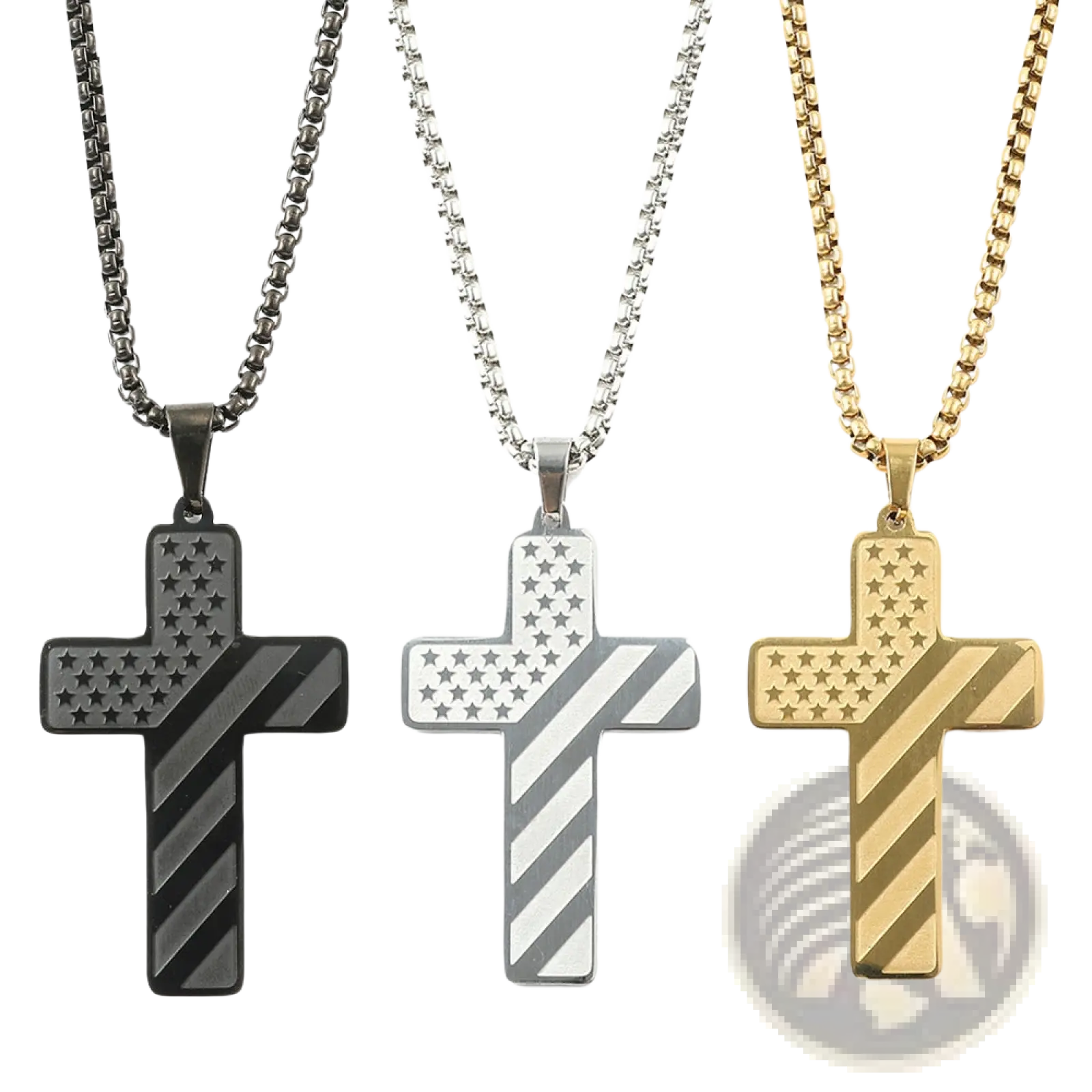 Three stainless steel cross pendant necklaces featuring american flag design in black silver and gold finishes