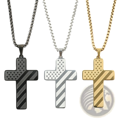 Three stainless steel cross pendant necklaces featuring american flag design in black silver and gold finishes