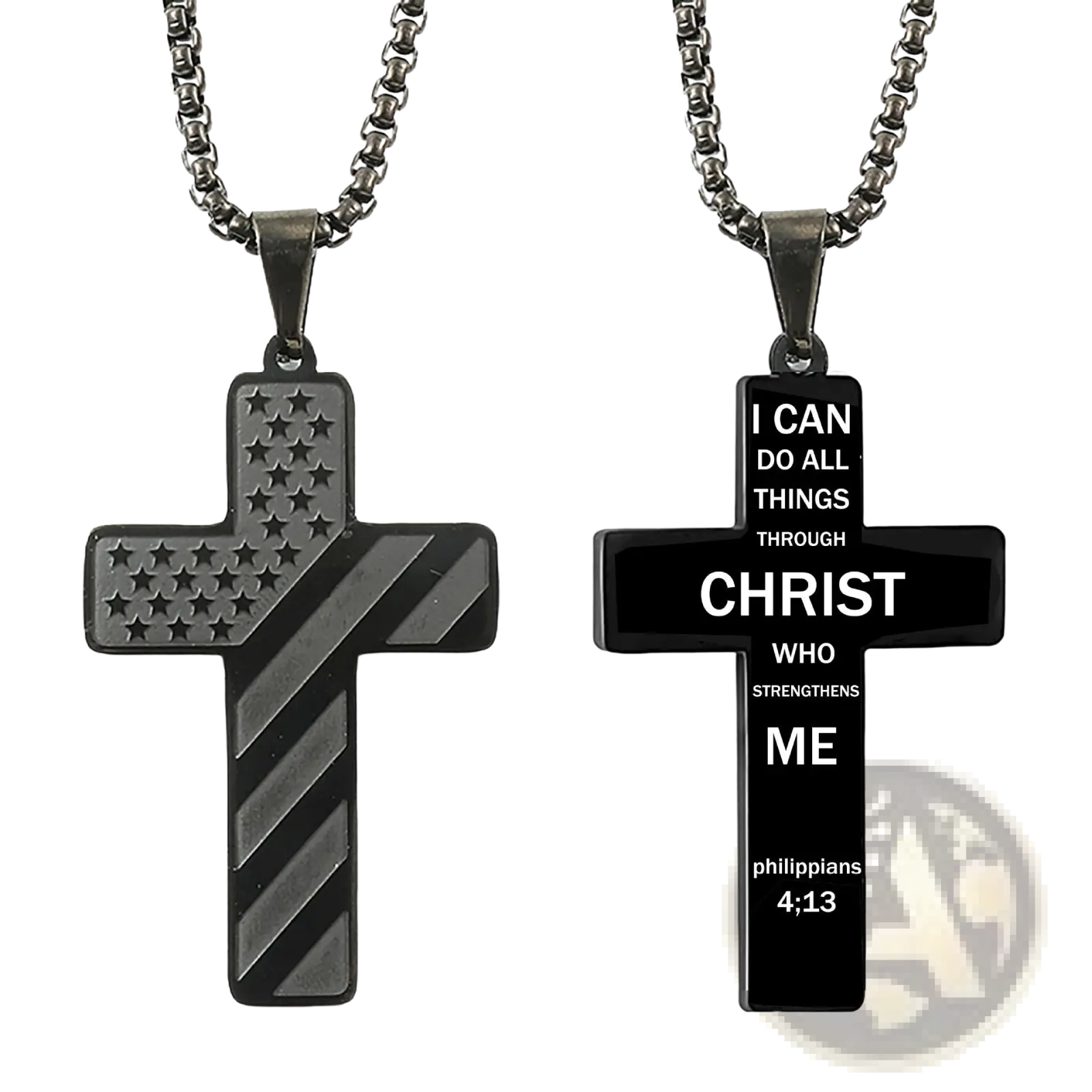 Black stainless steel american flag bible verse cross pendant necklace with patriotic and inspirational engravings