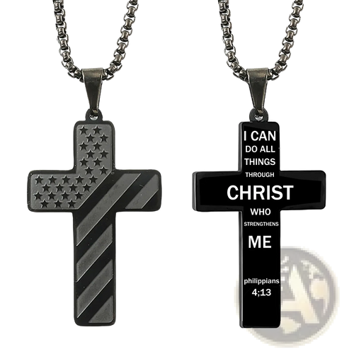 Black stainless steel american flag bible verse cross pendant necklace with patriotic and inspirational engravings