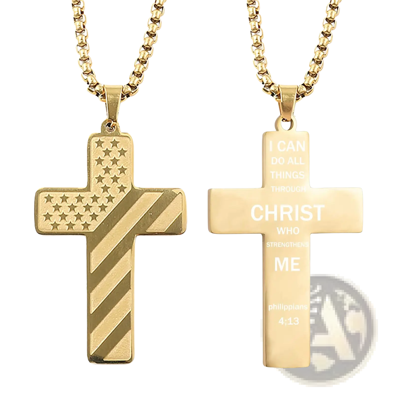 Gold-toned stainless steel American Flag Bible Verse cross pendant necklace with engraved Philippians 4 13 scripture