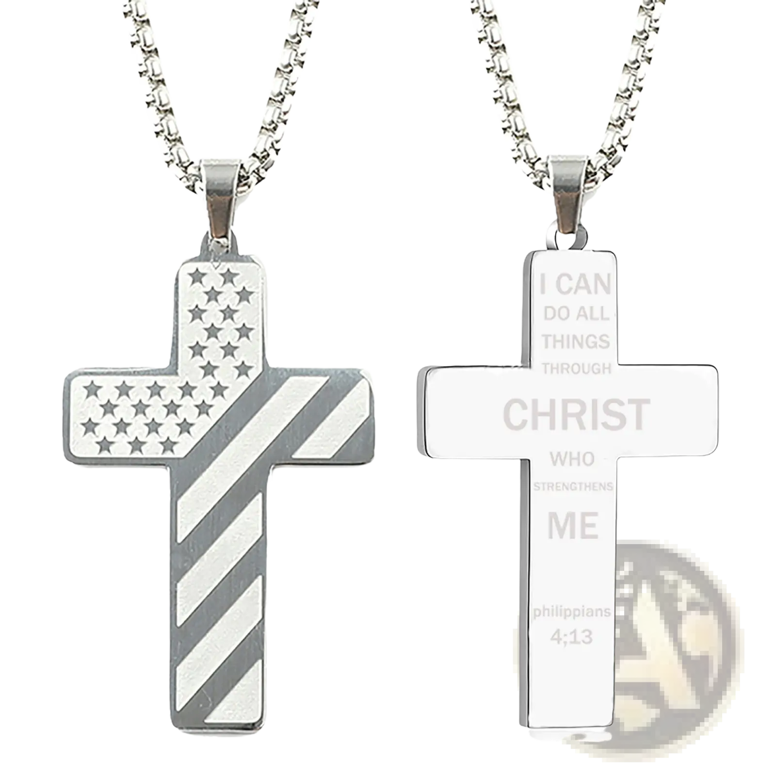 Silver cross pendant necklaces featuring an american flag design and an engraved bible verse from philippians 413
