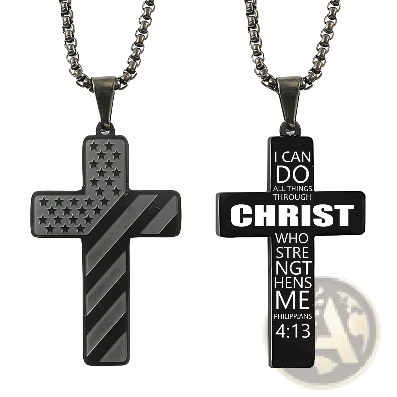 Black stainless steel American flag and bible verse cross pendant necklaces with philippians 413 engraving