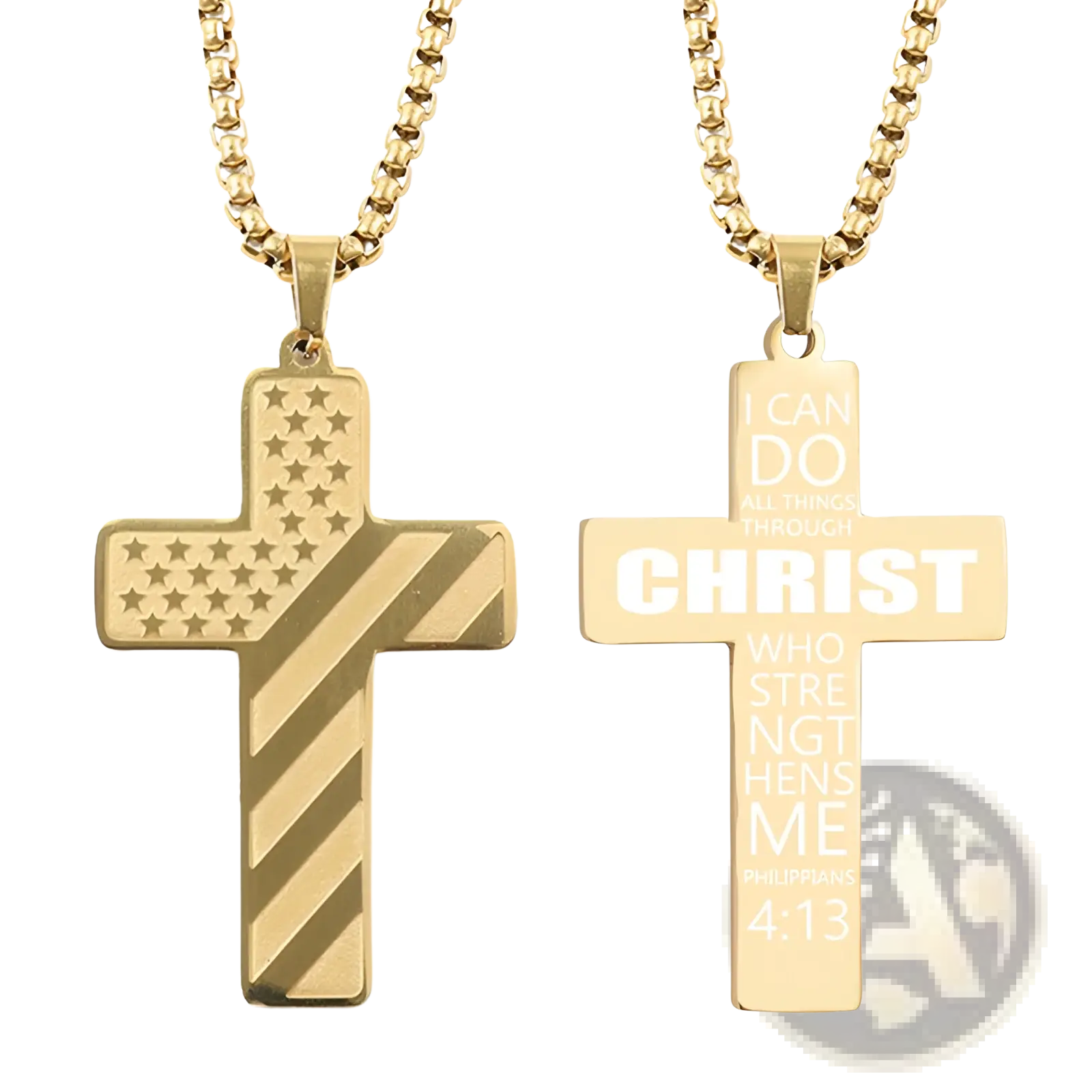 Gold-toned stainless steel American flag cross necklace with engraved Philippians 413 Bible verse pendant