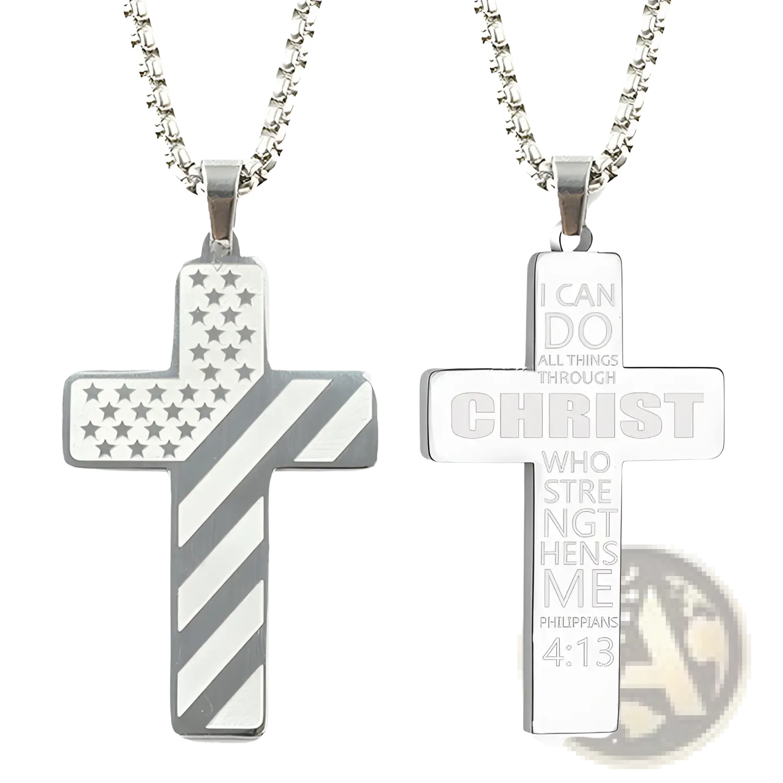 Silver american flag and engraved bible verse cross pendant necklaces featuring philippians 413 inspirational design