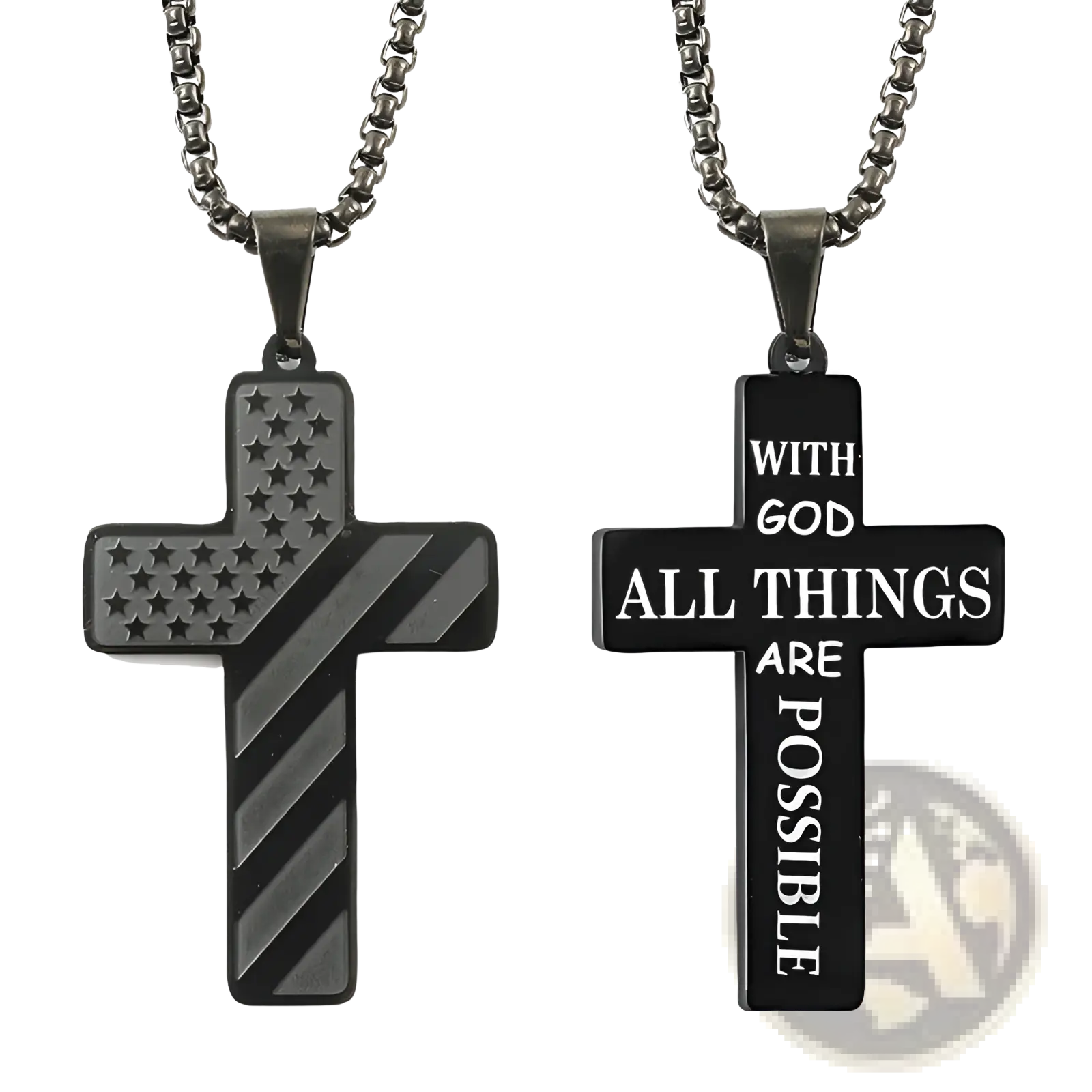 Black stainless steel American flag and bible verse cross pendant necklaces featuring engraved inspirational text