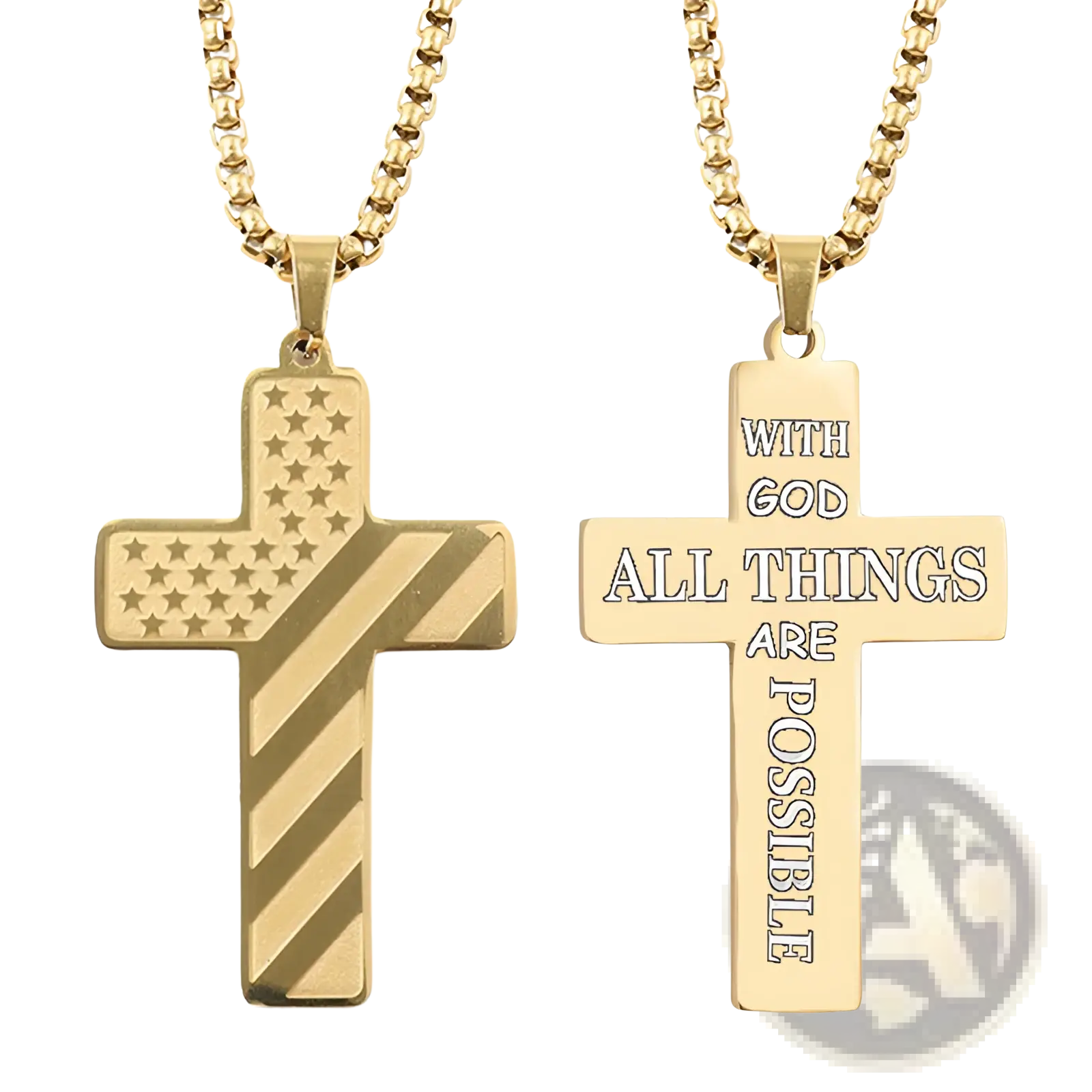 Gold-toned American flag and engraved bible verse cross pendant necklaces in a patriotic design for faith expression