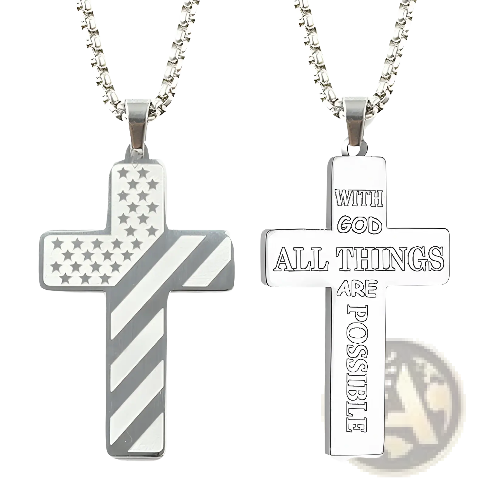 Silver american flag and engraved bible verse cross pendant necklaces for faith-inspired jewelry collection