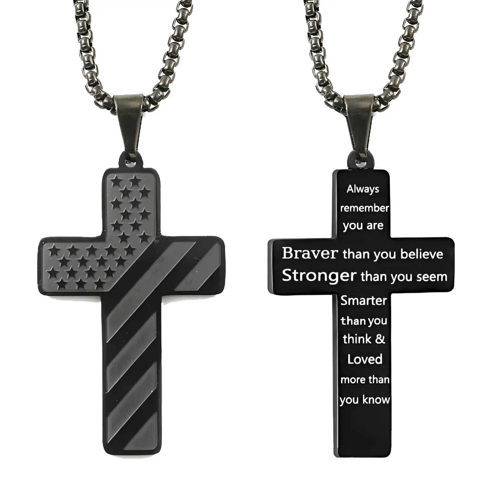 Black stainless steel american flag bible verse cross pendant necklaces with engraved motivational text designs