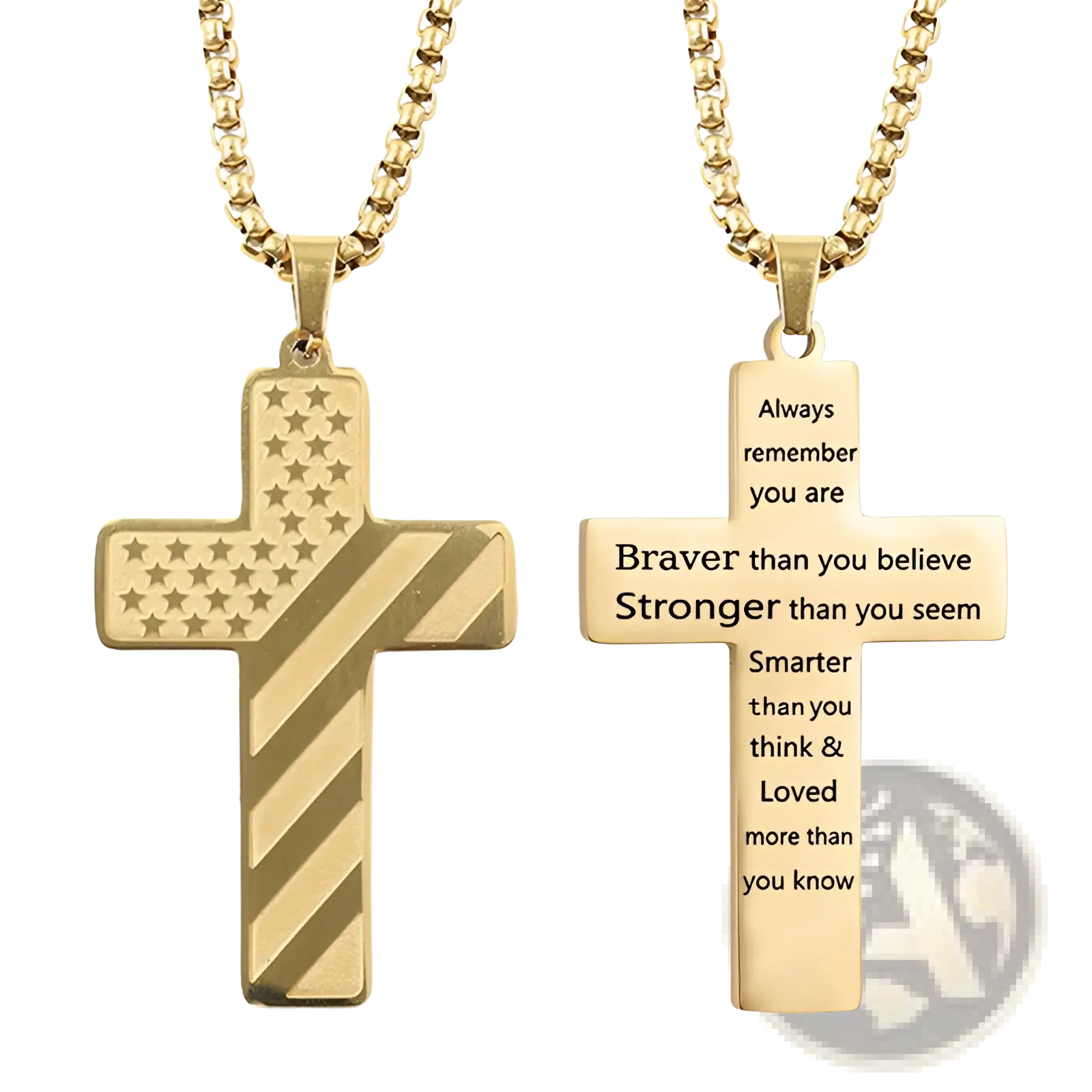 Gold-toned american flag bible verse cross pendant necklaces featuring flag design and engraved inspirational text
