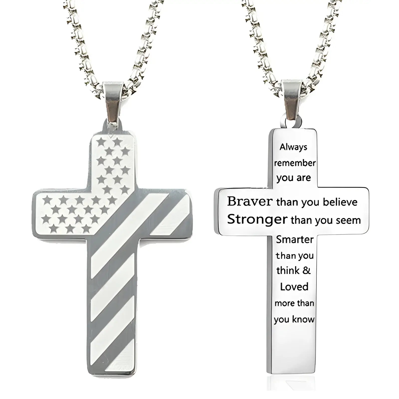 Silver american flag and engraved inspirational text cross pendant necklaces for faith and patriotism accessory