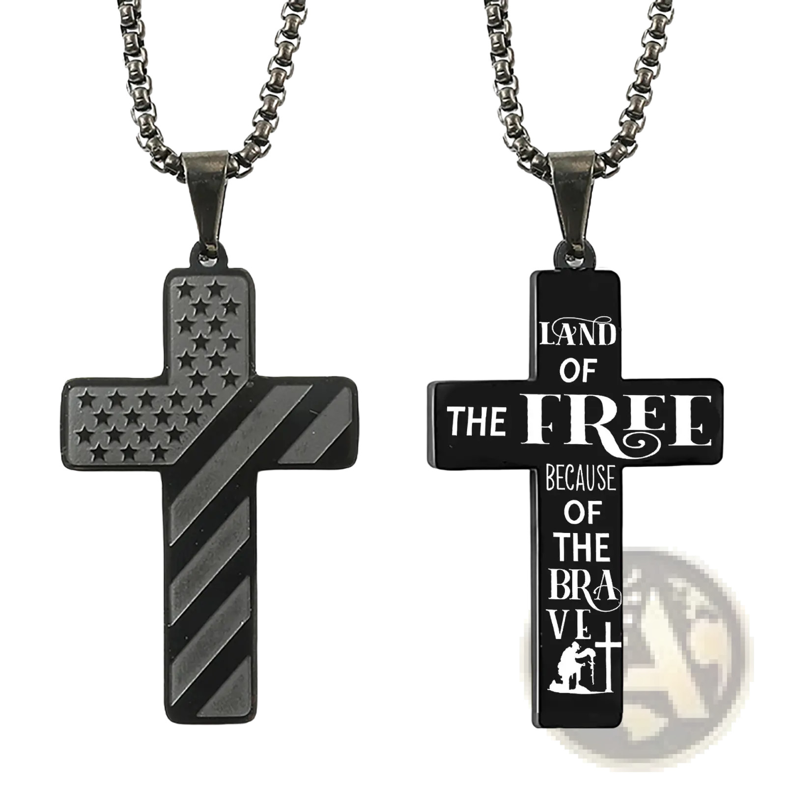 Black stainless steel cross necklaces featuring textured american flag and engraved land of the free designs