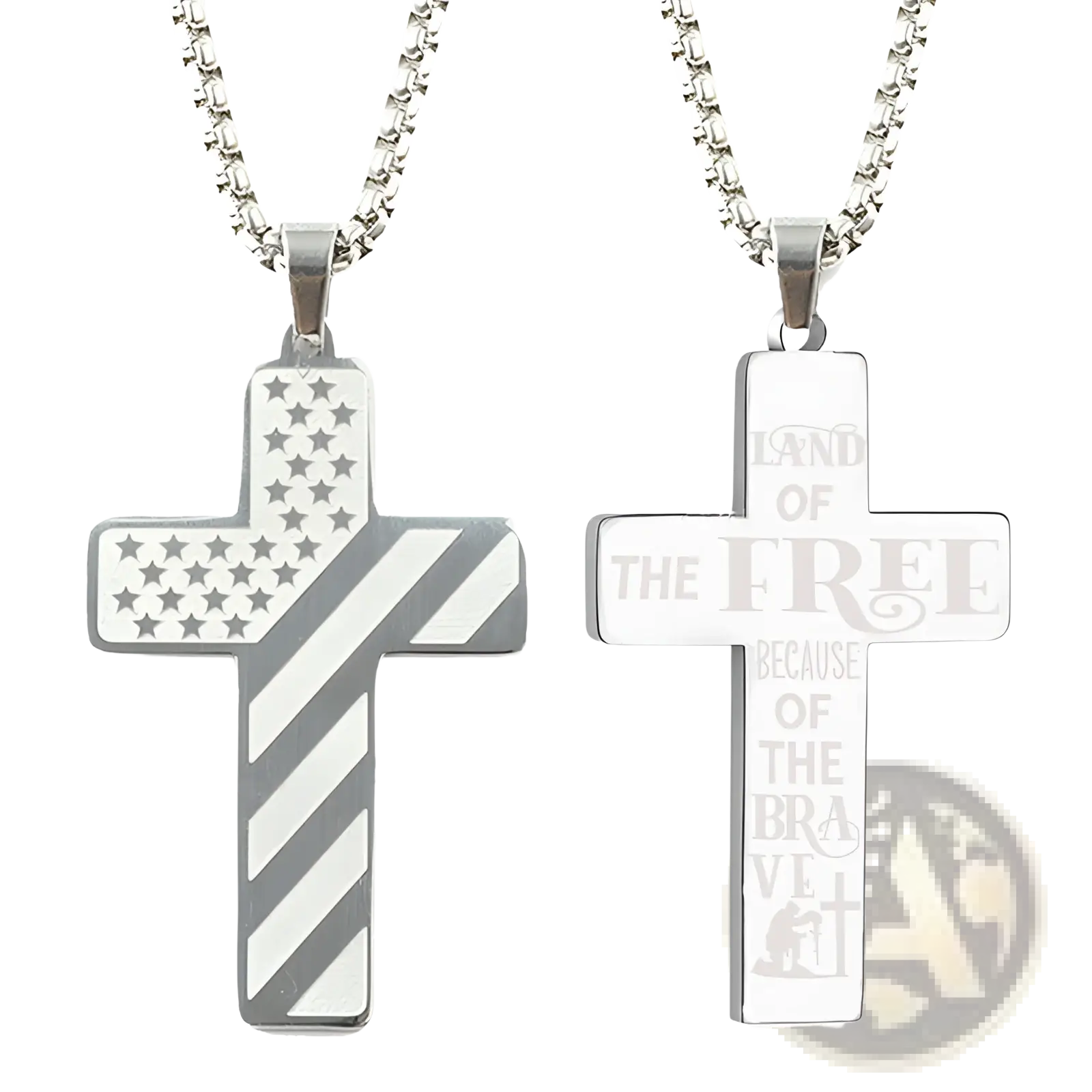 Silver american flag and engraved bible verse cross pendant necklaces symbolizing patriotism and faith