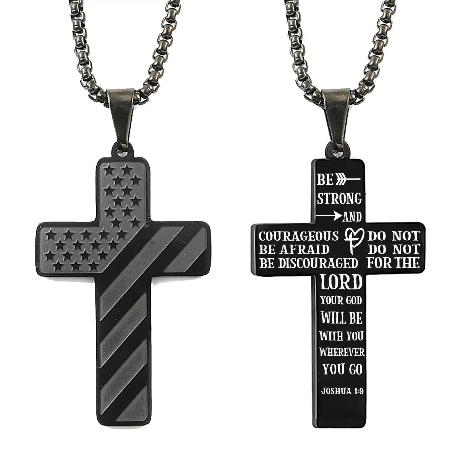 Black stainless steel American flag cross necklace and scripture engraved Joshua 1 9 bible verse pendant necklace