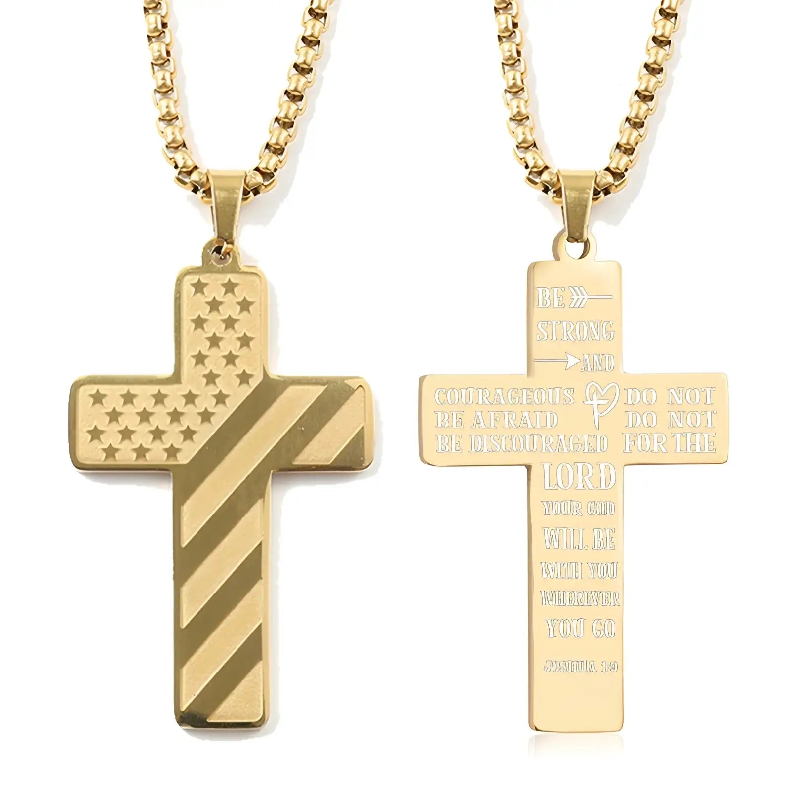 Gold-toned cross pendant necklaces featuring an american flag design and an engraved biblical verse from joshua 1 9
