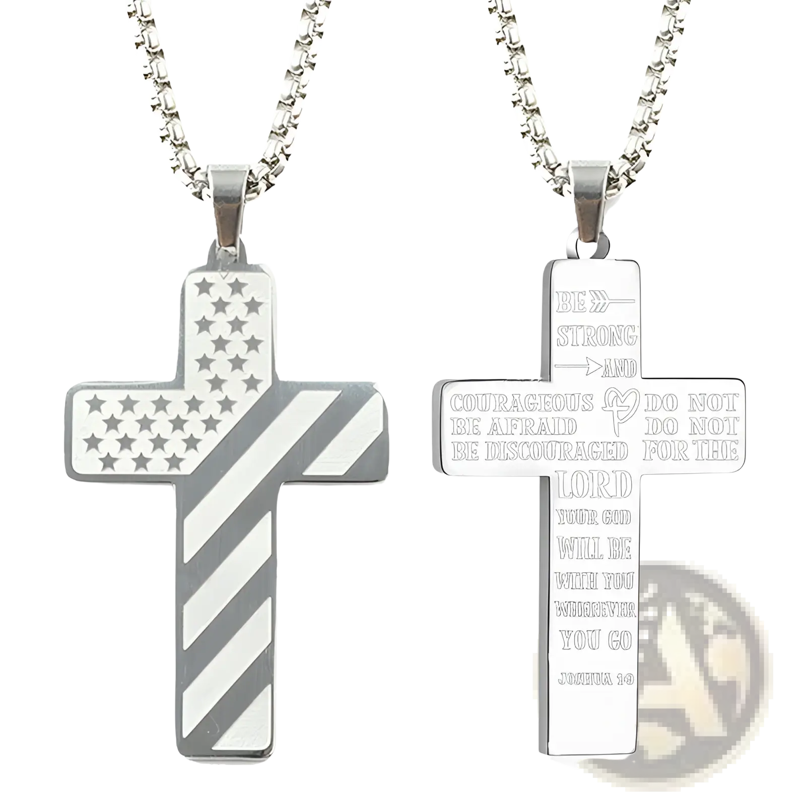 Silver cross pendant necklaces featuring an american flag design and an engraved bible verse for men and women