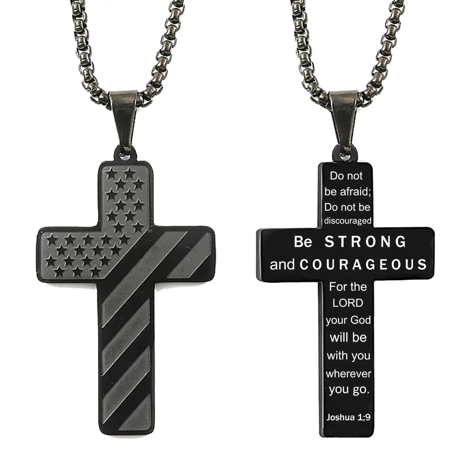 Black stainless steel american flag cross necklace and biblical verse cross pendant necklace engraved with joshua 1:9
