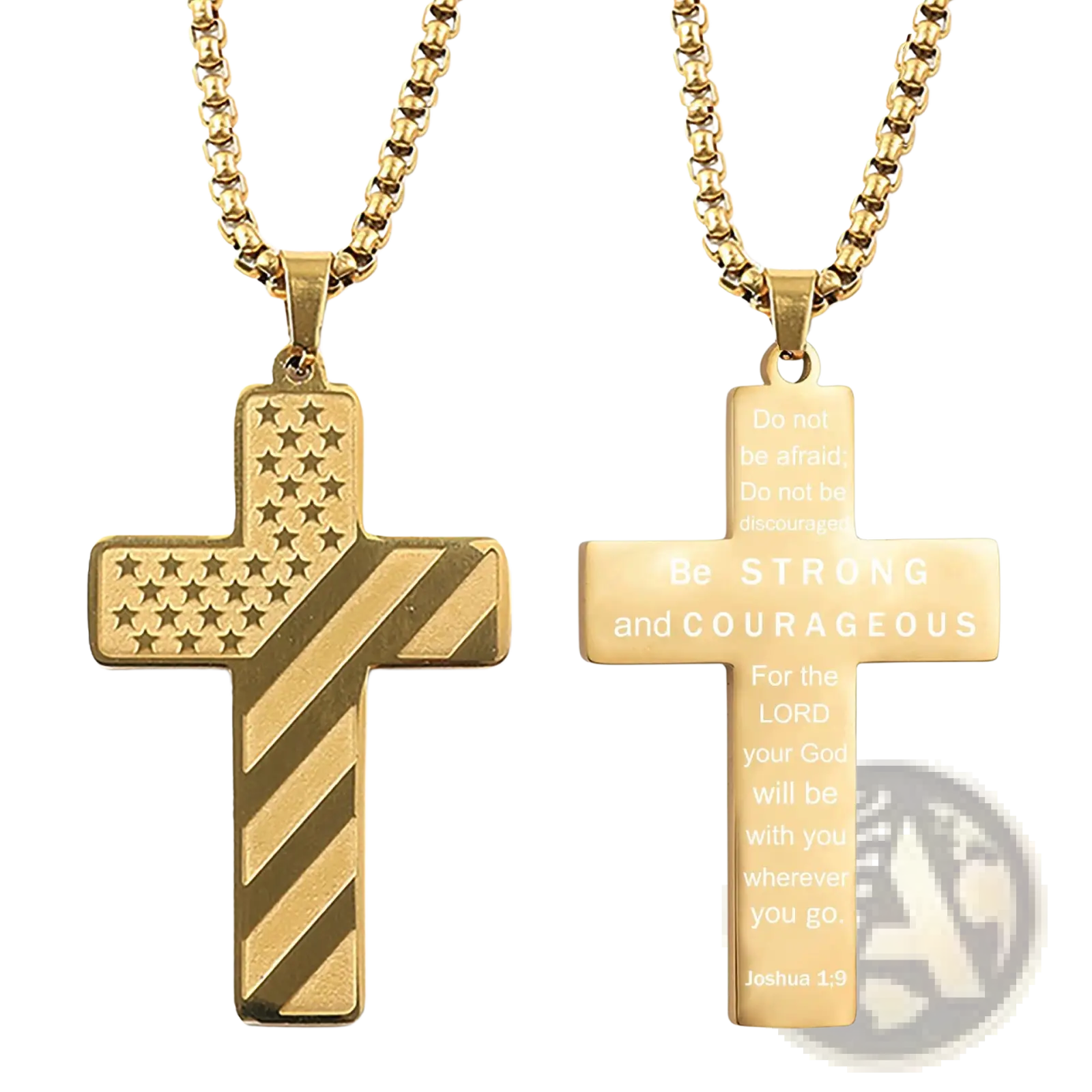 Gold-toned stainless steel American flag cross necklace and scripture engraved bible verse pendant necklace
