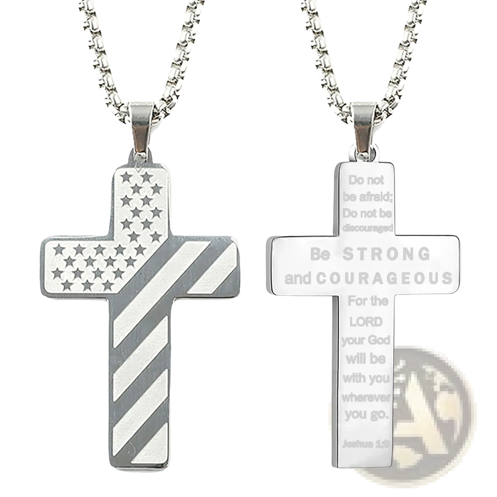 Silver cross pendant necklaces featuring an american flag design and an engraved motivational bible verse