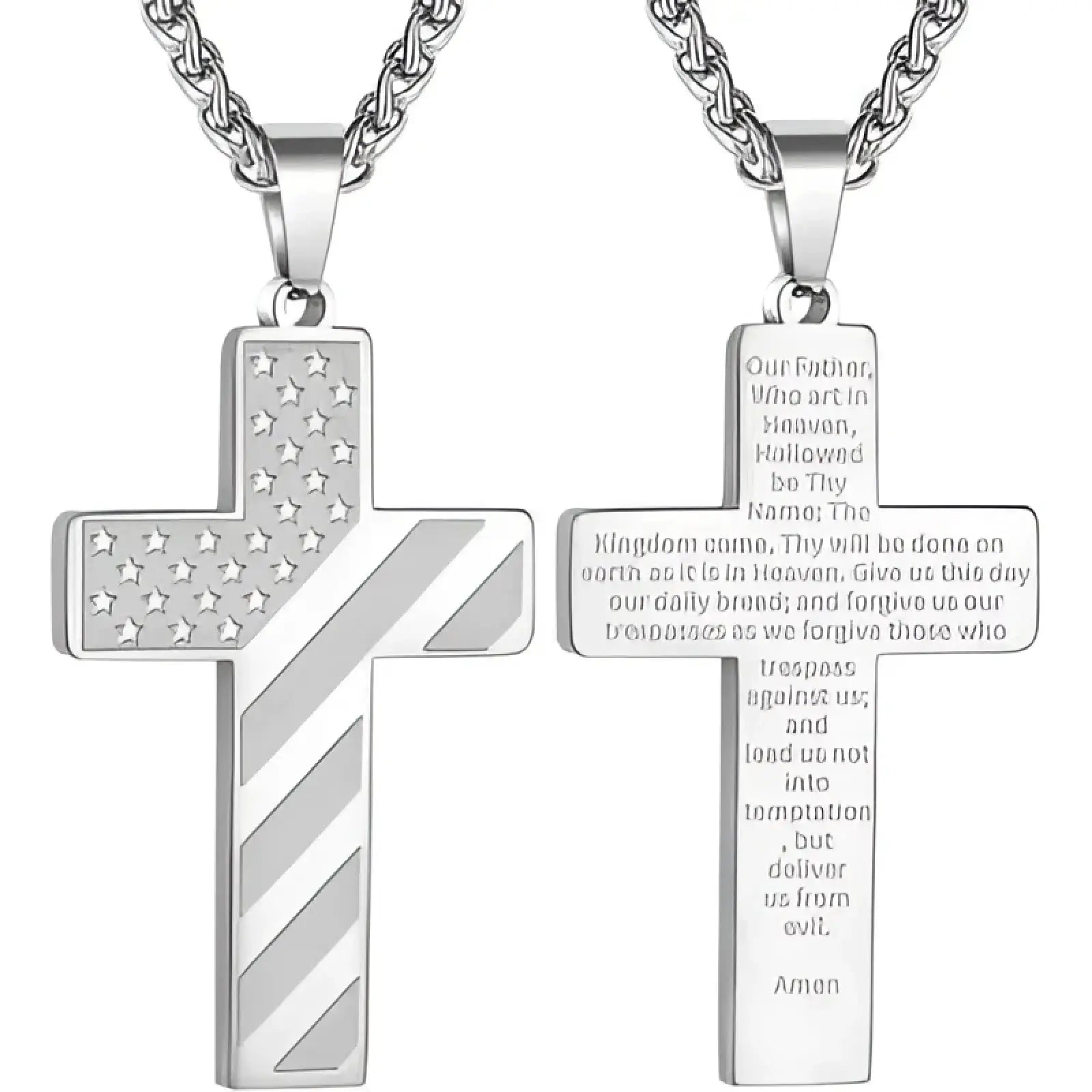 Silver cross pendant necklace featuring engraved American flag design and the lord’s prayer inscription on its surface