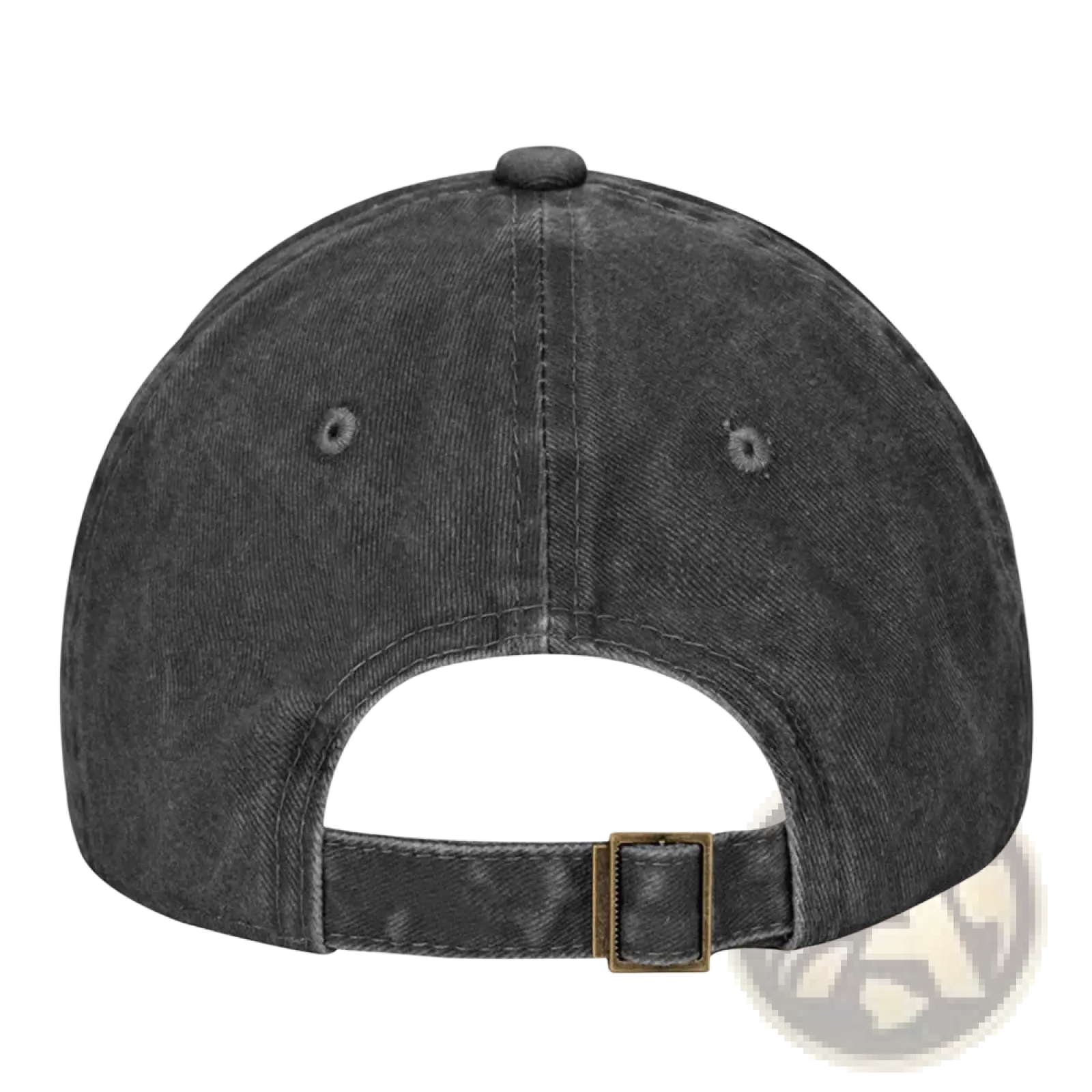 Dark gray denim american flag cross baseball cap showing back with brass buckle and adjustable strap